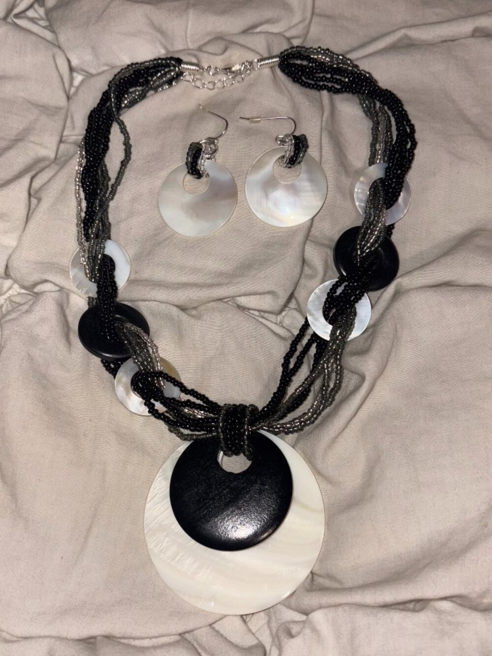 Vintage Mother of Pearl & Onyx Beaded Statement Set (Necklace + Earrings)
